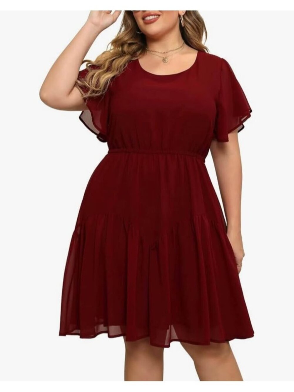 NWT sz 14 Burgundy Plus Size Chiffon Lantern Sleeve Short Dress